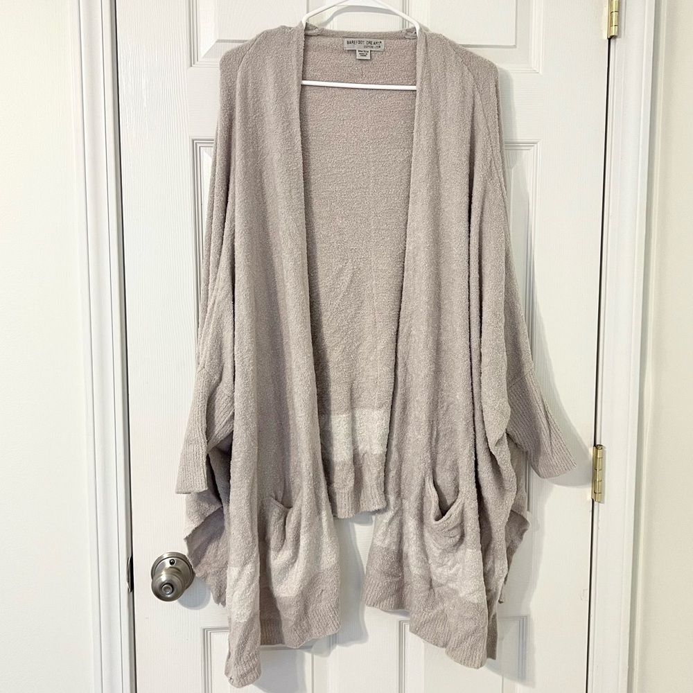 Barefoot Dreams Cozy Chic Lite Cardigan One Size Open Pockets Beige Cream Long